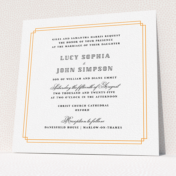 A wedding invite card design called "Simplistic Notch Frame". It is a square (148mm x 148mm) invite in a square orientation. "Simplistic Notch Frame" is available as a flat invite, with tones of orange and white.