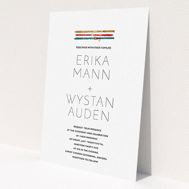 A wedding invite card called 'Ski pass'. It is an A6 invite in a portrait orientation. 'Ski pass' is available as a flat invite, with tones of white and blue.