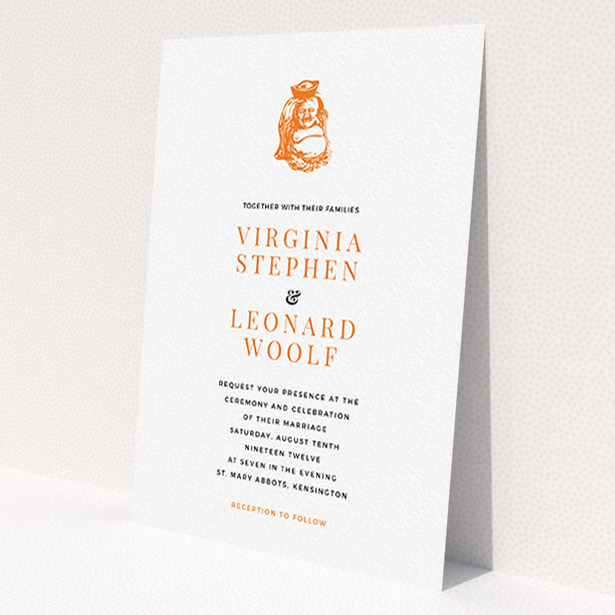 A wedding invite card design titled 'Spiritual orange'. It is an A6 invite in a portrait orientation. 'Spiritual orange' is available as a flat invite, with tones of white and orange.