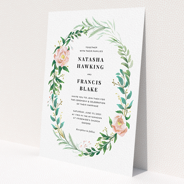 A wedding invite card template titled 'Summer Wreath Portrait'. It is an A6 invite in a portrait orientation. 'Summer Wreath Portrait' is available as a flat invite, with tones of white, light green and pink.