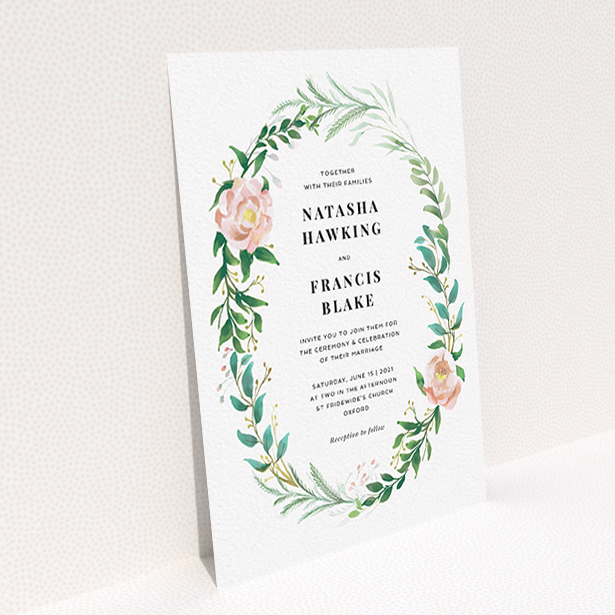 A wedding invite card template titled "Summer Wreath Portrait". It is an A6 invite in a portrait orientation. "Summer Wreath Portrait" is available as a flat invite, with tones of white, light green and pink.