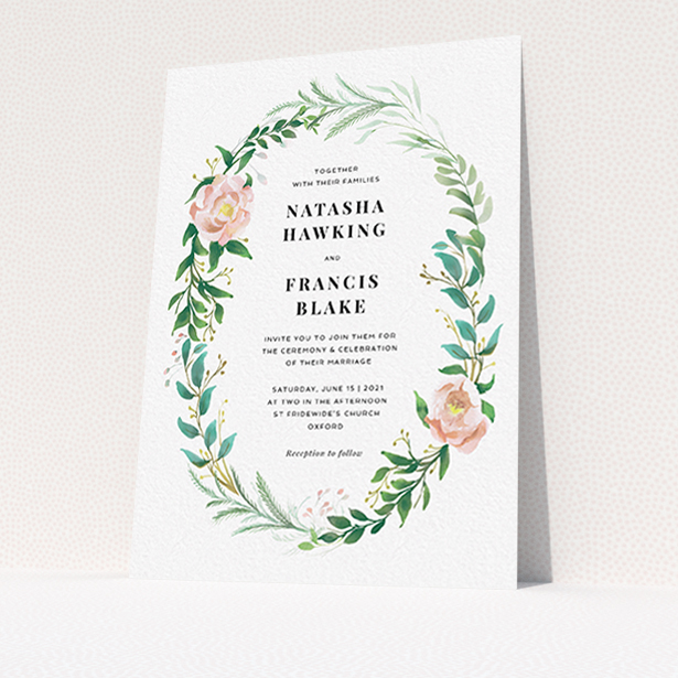 A wedding invite card template titled "Summer Wreath Portrait". It is an A6 invite in a portrait orientation. "Summer Wreath Portrait" is available as a flat invite, with tones of white, light green and pink.