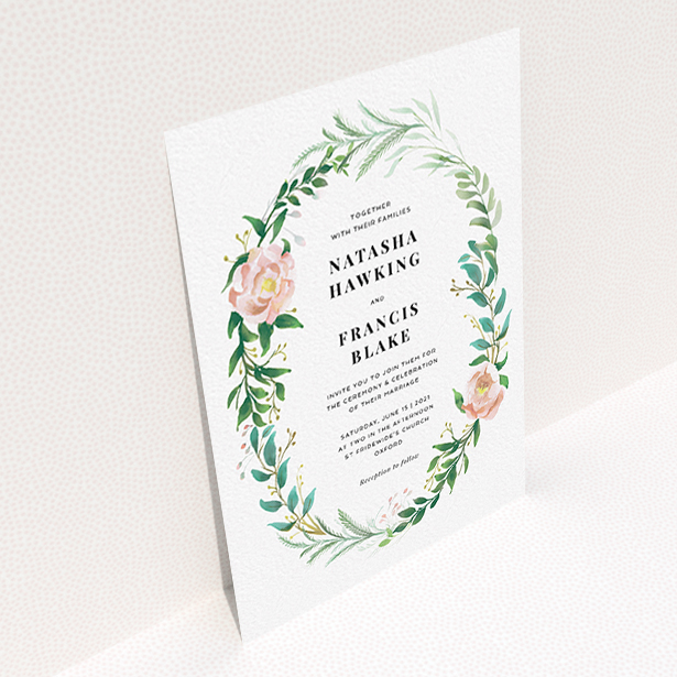 A wedding invite card template titled "Summer Wreath Portrait". It is an A6 invite in a portrait orientation. "Summer Wreath Portrait" is available as a flat invite, with tones of white, light green and pink.