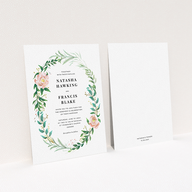 A wedding invite card template titled "Summer Wreath Portrait". It is an A6 invite in a portrait orientation. "Summer Wreath Portrait" is available as a flat invite, with tones of white, light green and pink.