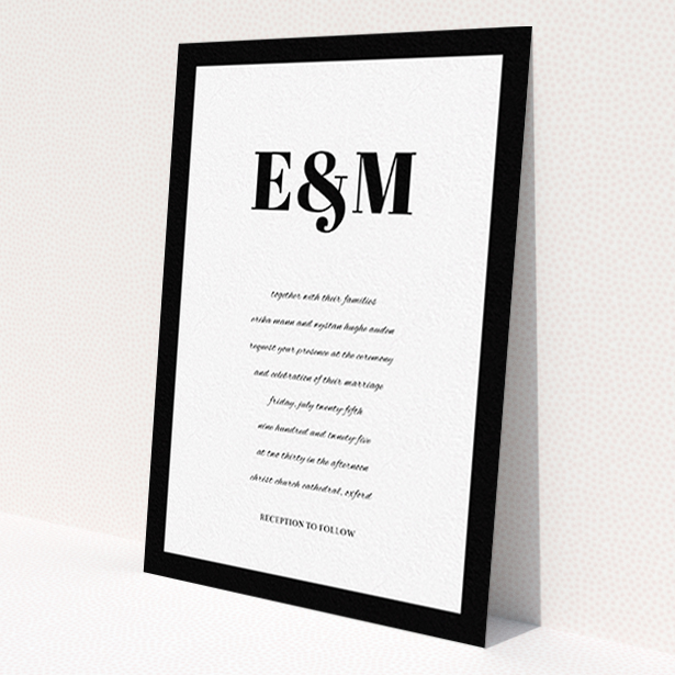 A wedding invite card design called 'Take on the sides'. It is an A6 invite in a portrait orientation. 'Take on the sides' is available as a flat invite, with tones of black and white.