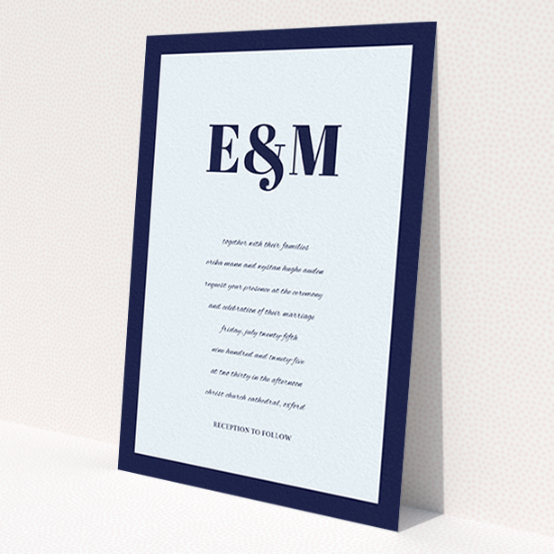 A wedding invite card design named 'Take on the sides'. It is an A6 invite in a portrait orientation. 'Take on the sides' is available as a flat invite, with mainly blue colouring.