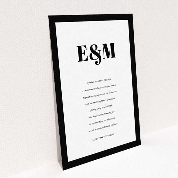 A wedding invite card design called "Take on the sides". It is an A6 invite in a portrait orientation. "Take on the sides" is available as a flat invite, with tones of black and white.