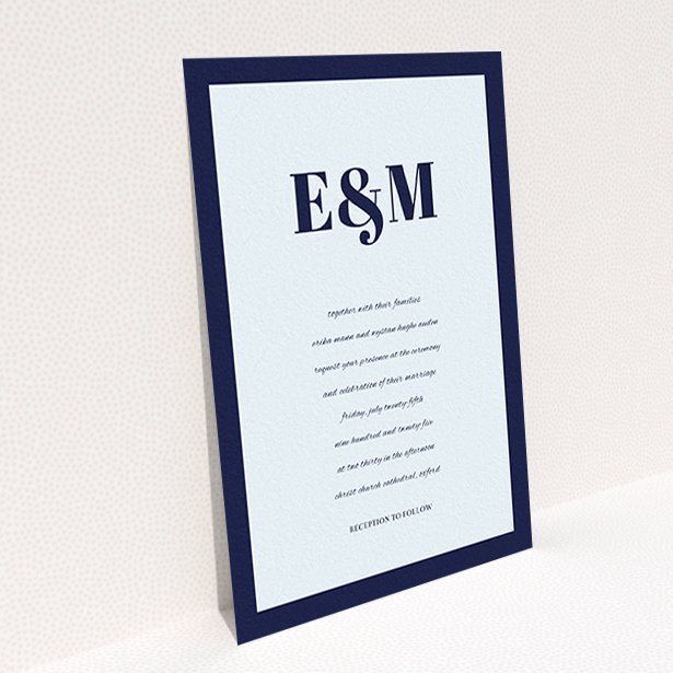 A wedding invite card design named "Take on the sides". It is an A6 invite in a portrait orientation. "Take on the sides" is available as a flat invite, with mainly blue colouring.