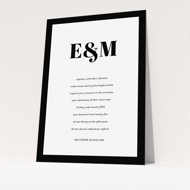 A wedding invite card design called "Take on the sides". It is an A6 invite in a portrait orientation. "Take on the sides" is available as a flat invite, with tones of black and white.