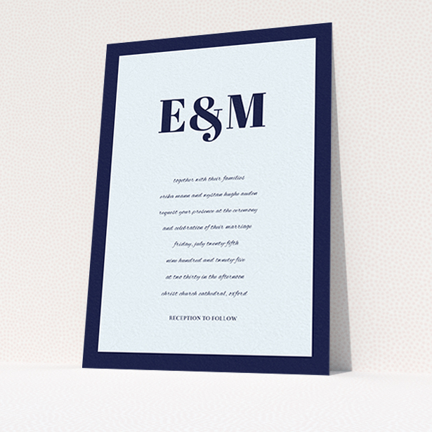 A wedding invite card design named "Take on the sides". It is an A6 invite in a portrait orientation. "Take on the sides" is available as a flat invite, with mainly blue colouring.