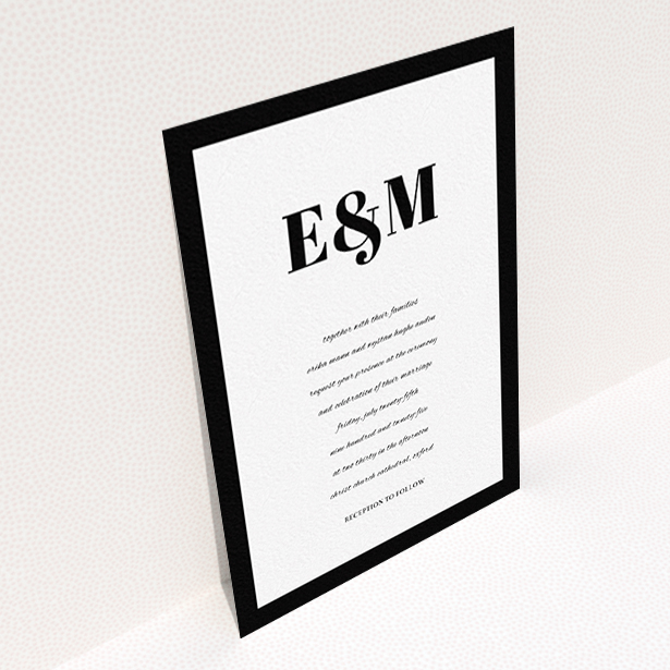 A wedding invite card design called "Take on the sides". It is an A6 invite in a portrait orientation. "Take on the sides" is available as a flat invite, with tones of black and white.