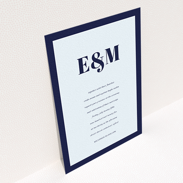 A wedding invite card design named "Take on the sides". It is an A6 invite in a portrait orientation. "Take on the sides" is available as a flat invite, with mainly blue colouring.