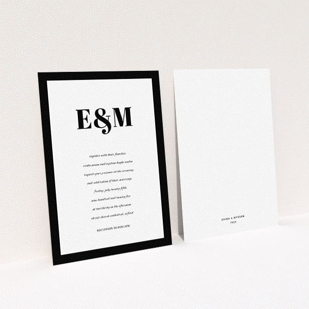 A wedding invite card design called "Take on the sides". It is an A6 invite in a portrait orientation. "Take on the sides" is available as a flat invite, with tones of black and white.