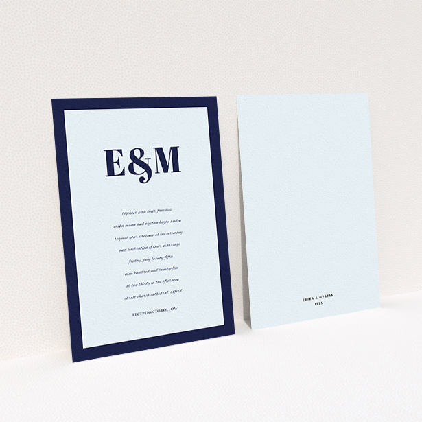 A wedding invite card design named "Take on the sides". It is an A6 invite in a portrait orientation. "Take on the sides" is available as a flat invite, with mainly blue colouring.