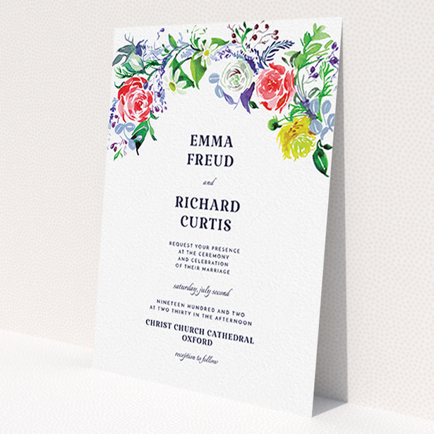 A wedding invite card called 'The flowerbed'. It is an A6 invite in a portrait orientation. 'The flowerbed' is available as a flat invite, with mainly green colouring.