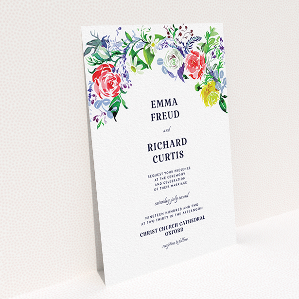 A wedding invite card called "The flowerbed". It is an A6 invite in a portrait orientation. "The flowerbed" is available as a flat invite, with mainly green colouring.