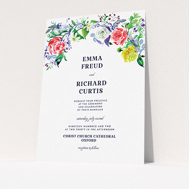 A wedding invite card called "The flowerbed". It is an A6 invite in a portrait orientation. "The flowerbed" is available as a flat invite, with mainly green colouring.