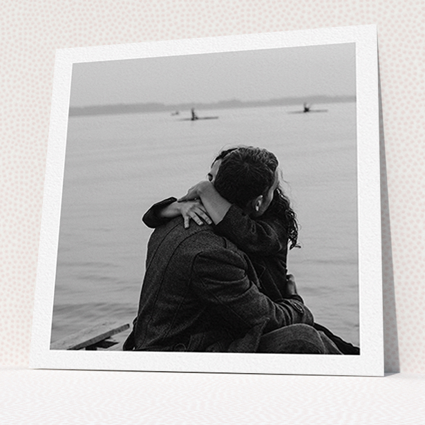A wedding invite card design called "Thick White Framed Photo". It is a square (148mm x 148mm) invite in a square orientation. It is a photographic wedding invite card with room for 1 photo. "Thick White Framed Photo" is available as a flat invite.