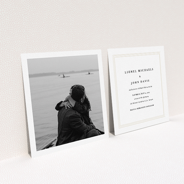 A wedding invite card design called "Thick White Framed Photo". It is a square (148mm x 148mm) invite in a square orientation. It is a photographic wedding invite card with room for 1 photo. "Thick White Framed Photo" is available as a flat invite.