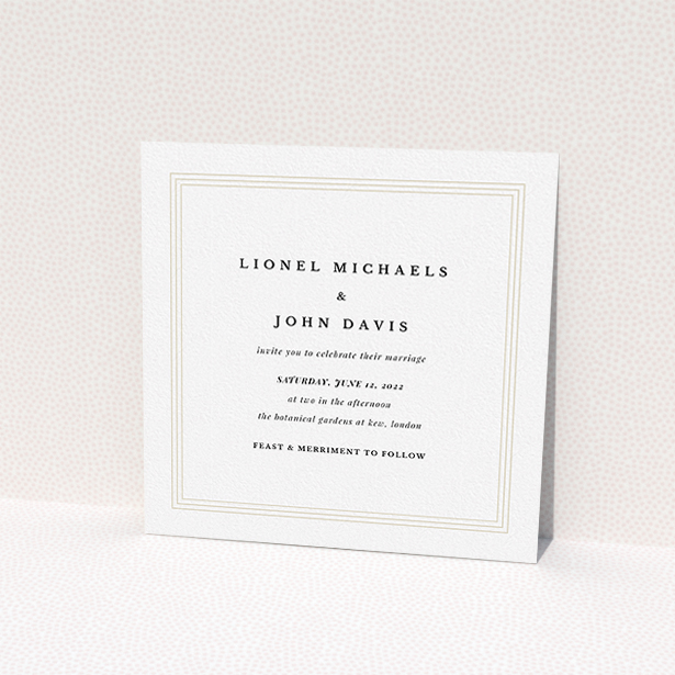 A wedding invite card design called "Thick White Framed Photo". It is a square (148mm x 148mm) invite in a square orientation. It is a photographic wedding invite card with room for 1 photo. "Thick White Framed Photo" is available as a flat invite.