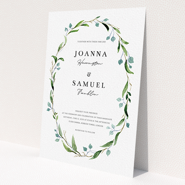 A wedding invite card called 'Thin Watercolour Wreath'. It is an A6 invite in a portrait orientation. 'Thin Watercolour Wreath' is available as a flat invite, with tones of blue and green.
