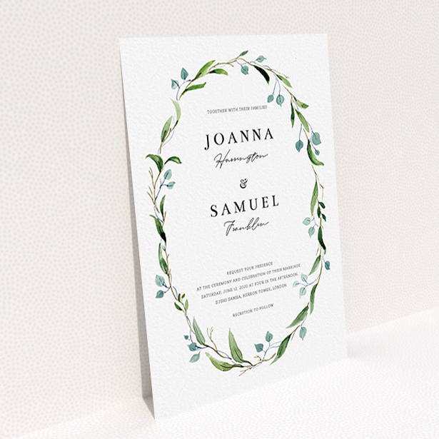 A wedding invite card called "Thin Watercolour Wreath". It is an A6 invite in a portrait orientation. "Thin Watercolour Wreath" is available as a flat invite, with tones of blue and green.