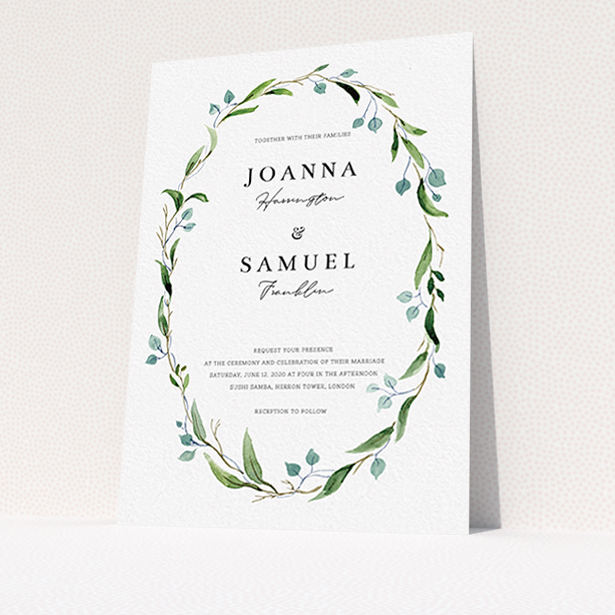 A wedding invite card called "Thin Watercolour Wreath". It is an A6 invite in a portrait orientation. "Thin Watercolour Wreath" is available as a flat invite, with tones of blue and green.