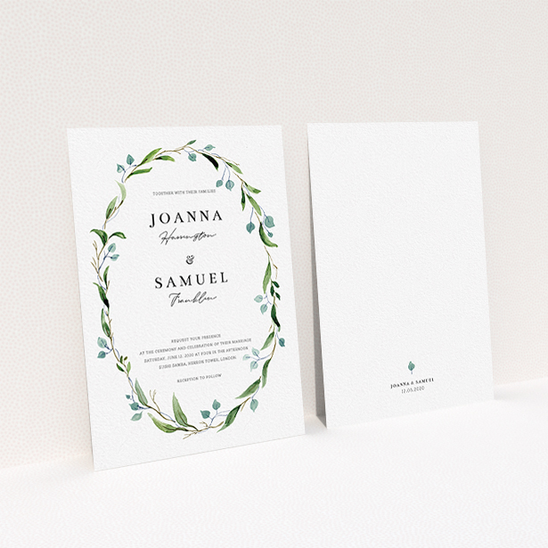 A wedding invite card called "Thin Watercolour Wreath". It is an A6 invite in a portrait orientation. "Thin Watercolour Wreath" is available as a flat invite, with tones of blue and green.