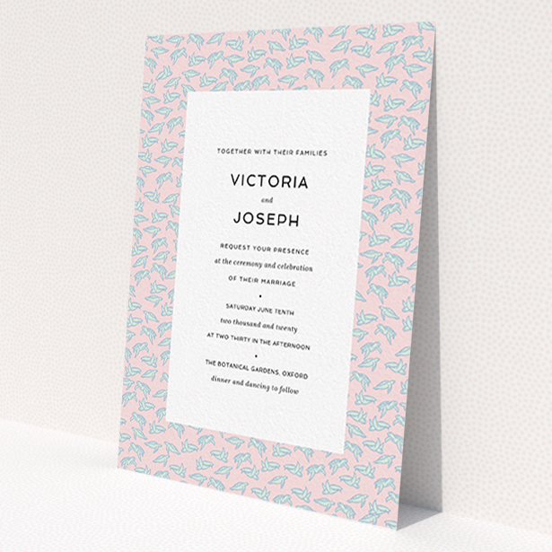 A wedding invite card template titled 'Tiny, Tiny Turtles'. It is an A6 invite in a portrait orientation. 'Tiny, Tiny Turtles' is available as a flat invite, with tones of blue and pink.
