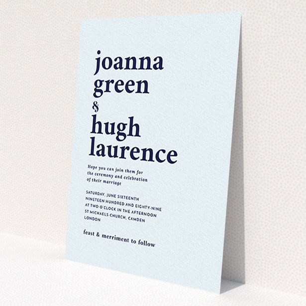 A wedding invite card design named 'To the left'. It is an A6 invite in a portrait orientation. 'To the left' is available as a flat invite, with mainly blue colouring.