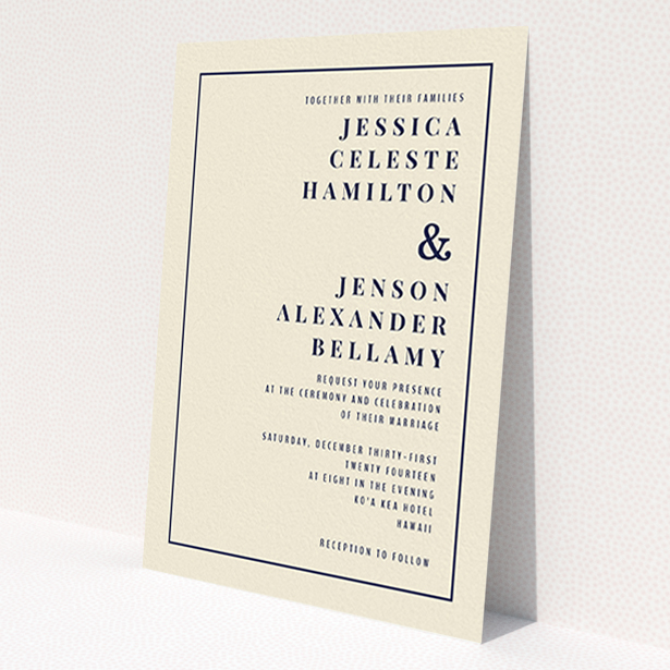 A wedding invite card named 'To the right'. It is an A6 invite in a portrait orientation. 'To the right' is available as a flat invite, with tones of cream and navy blue.