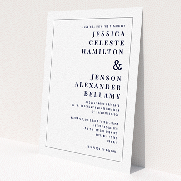 A wedding invite card design called 'To the right'. It is an A6 invite in a portrait orientation. 'To the right' is available as a flat invite, with tones of white and grey.