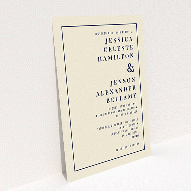 A wedding invite card named "To the right". It is an A6 invite in a portrait orientation. "To the right" is available as a flat invite, with tones of cream and navy blue.