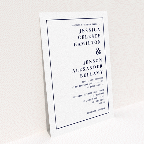 A wedding invite card design called "To the right". It is an A6 invite in a portrait orientation. "To the right" is available as a flat invite, with mainly white colouring.