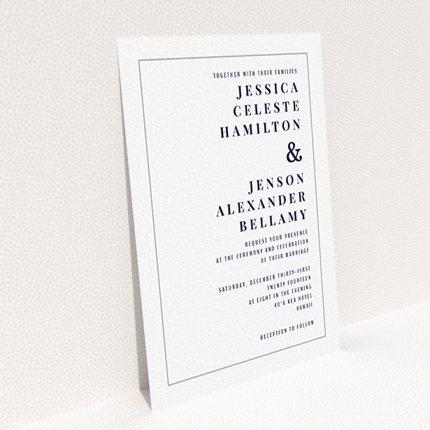 A wedding invite card design called "To the right". It is an A6 invite in a portrait orientation. "To the right" is available as a flat invite, with tones of white and grey.