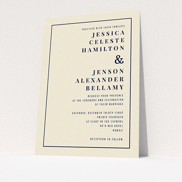 A wedding invite card named "To the right". It is an A6 invite in a portrait orientation. "To the right" is available as a flat invite, with tones of cream and navy blue.