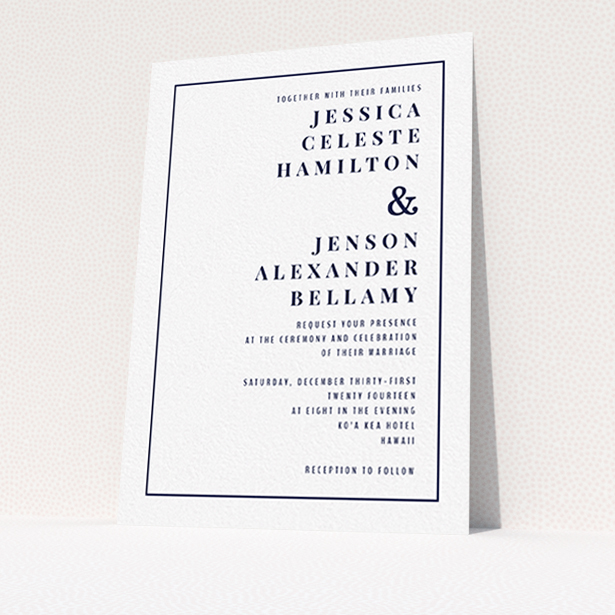 A wedding invite card design called "To the right". It is an A6 invite in a portrait orientation. "To the right" is available as a flat invite, with mainly white colouring.