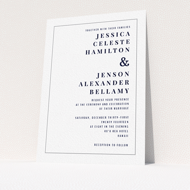 A wedding invite card design called "To the right". It is an A6 invite in a portrait orientation. "To the right" is available as a flat invite, with tones of white and grey.