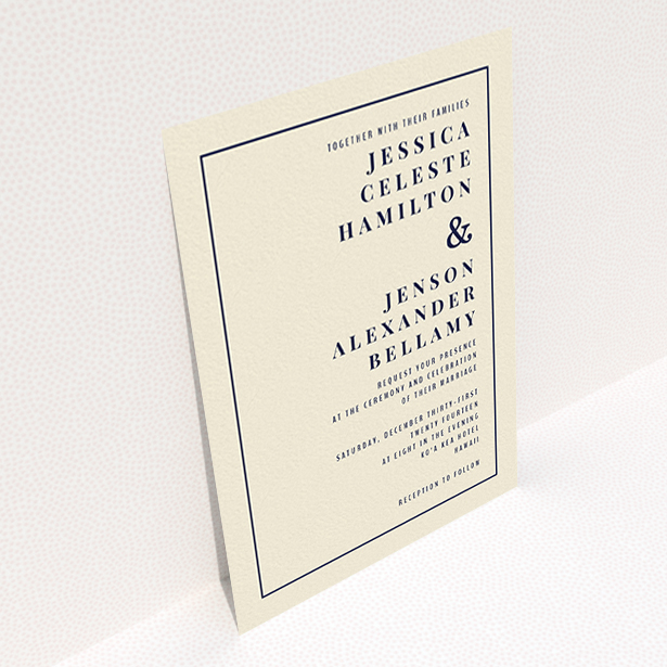 A wedding invite card named "To the right". It is an A6 invite in a portrait orientation. "To the right" is available as a flat invite, with tones of cream and navy blue.
