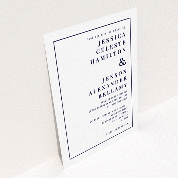 A wedding invite card design called "To the right". It is an A6 invite in a portrait orientation. "To the right" is available as a flat invite, with mainly white colouring.