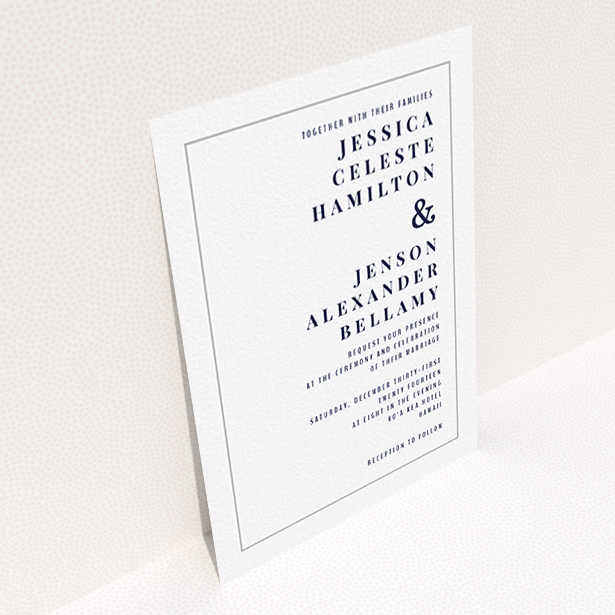 A wedding invite card design called "To the right". It is an A6 invite in a portrait orientation. "To the right" is available as a flat invite, with tones of white and grey.