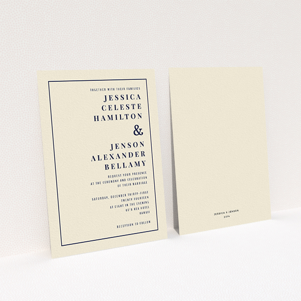 A wedding invite card named "To the right". It is an A6 invite in a portrait orientation. "To the right" is available as a flat invite, with tones of cream and navy blue.