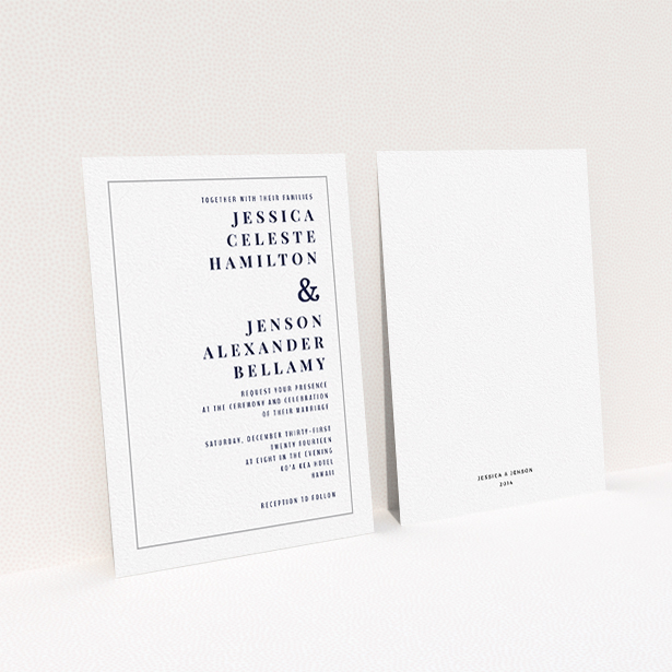 A wedding invite card design called "To the right". It is an A6 invite in a portrait orientation. "To the right" is available as a flat invite, with tones of white and grey.