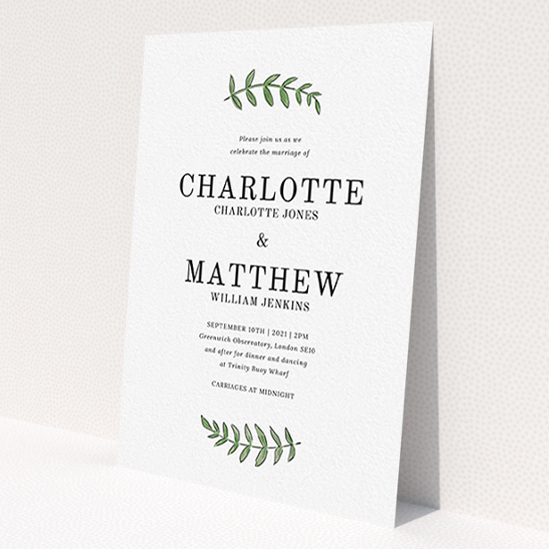 A wedding invite card named 'Top and Bottom'. It is an A6 invite in a portrait orientation. 'Top and Bottom' is available as a flat invite, with tones of white and green.