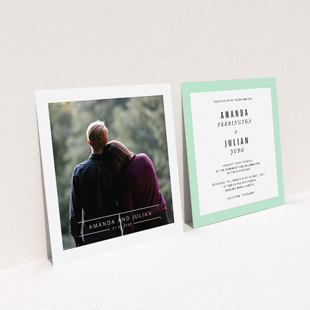 A wedding invite card named "Tramlines". It is a square (148mm x 148mm) invite in a square orientation. It is a photographic wedding invite card with room for 1 photo. "Tramlines" is available as a flat invite, with mainly white colouring.