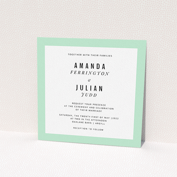 A wedding invite card named "Tramlines". It is a square (148mm x 148mm) invite in a square orientation. It is a photographic wedding invite card with room for 1 photo. "Tramlines" is available as a flat invite, with mainly white colouring.