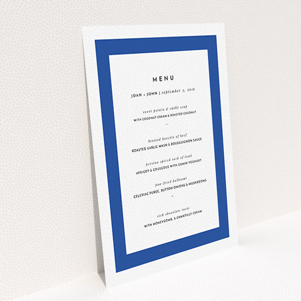 A wedding menu card design named "Big Blue". It is an A6 menu in a portrait orientation. "Big Blue" is available as a flat menu, with tones of blue and white.