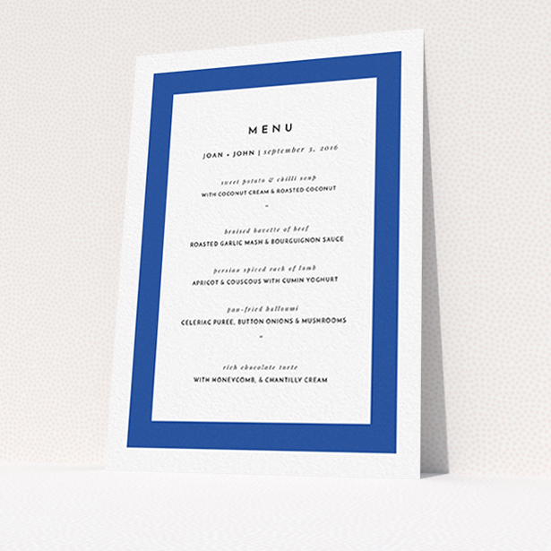A wedding menu card design named "Big Blue". It is an A6 menu in a portrait orientation. "Big Blue" is available as a flat menu, with tones of blue and white.