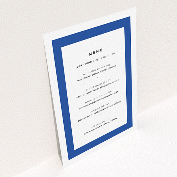 A wedding menu card design named "Big Blue". It is an A6 menu in a portrait orientation. "Big Blue" is available as a flat menu, with tones of blue and white.