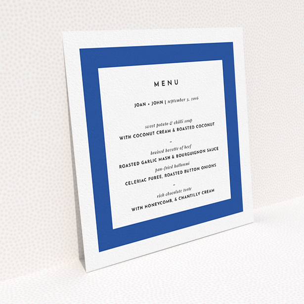 A wedding menu card design titled "Big Blue". It is a square (148mm x 148mm) menu in a square orientation. "Big Blue" is available as a flat menu, with tones of blue and white.
